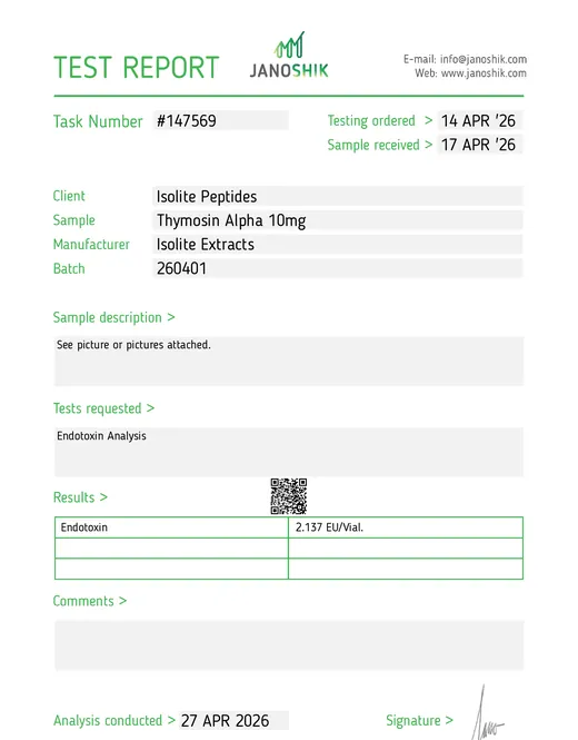 Analysebericht Endotoxin Thymosin-Alpha-1 10mg