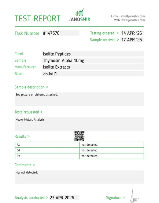 Analysebericht Heavy metals Thymosin-Alpha-1 10mg